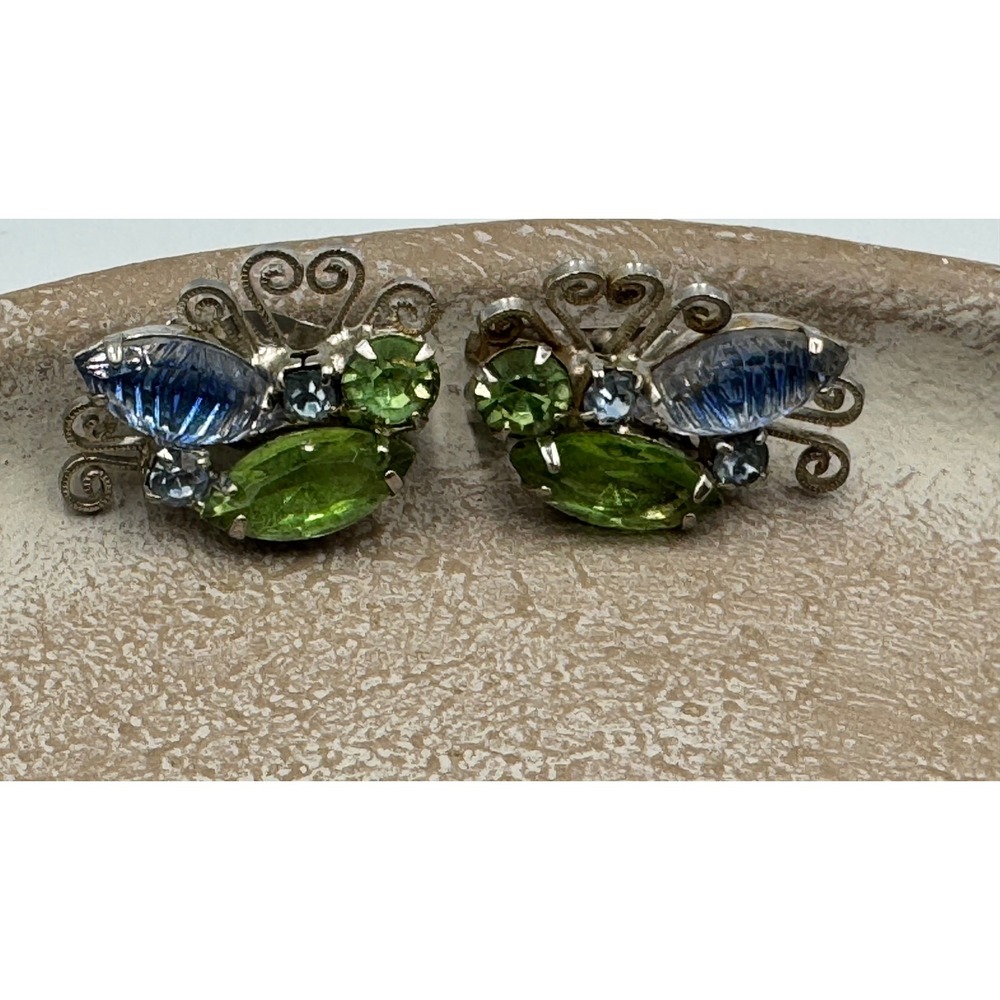 Vintage Blue Green Rhinestone Clip On Earrings Filigree Butterfly Juliana?